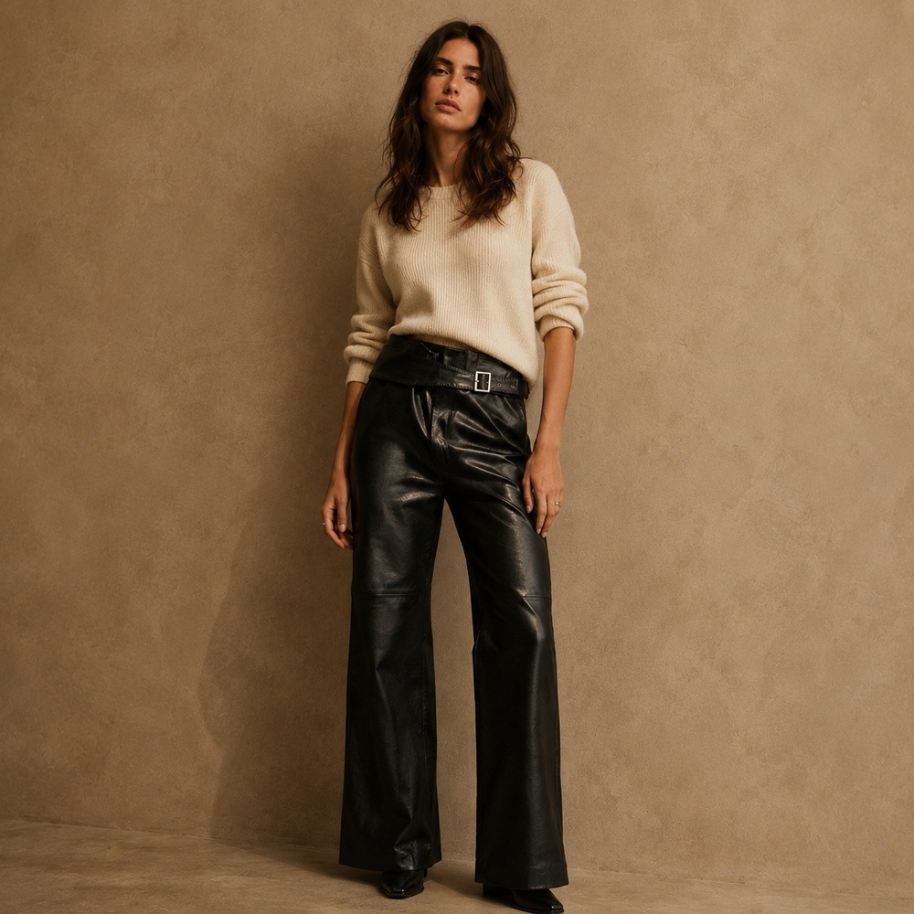 Cache Vintage 100% Lambskin Leather Belted Pants Sz 8 Black